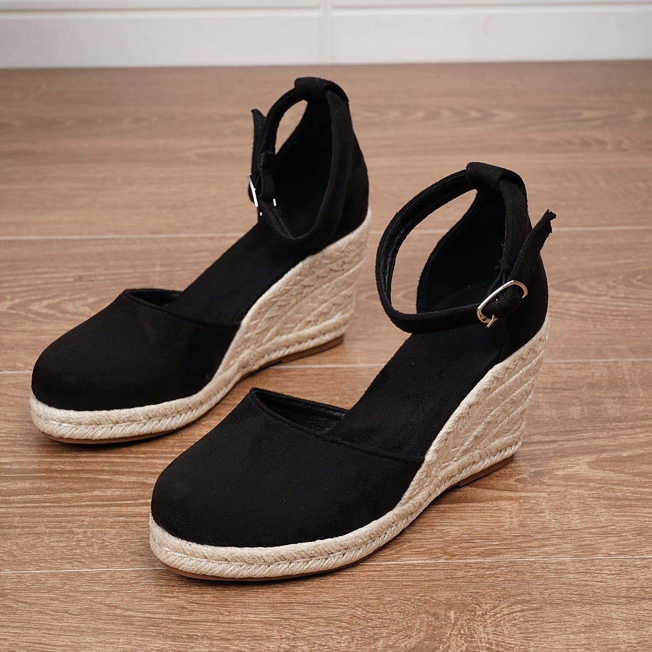 Femme Espadrilles à Talon Compensé avec Bride à Boucle et Bout Fermé
