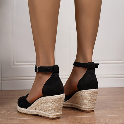 Femme Espadrilles à Talon Compensé avec Bride à Boucle et Bout Fermé
