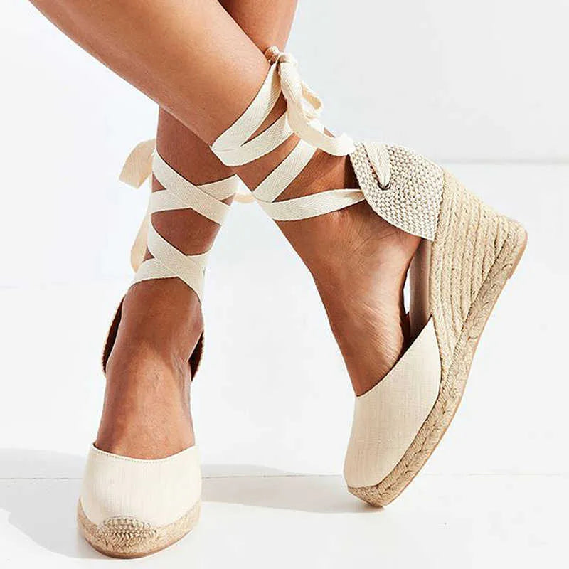 Femme Espadrilles à Talon Compensé avec Lacets Croisés à la Cheville