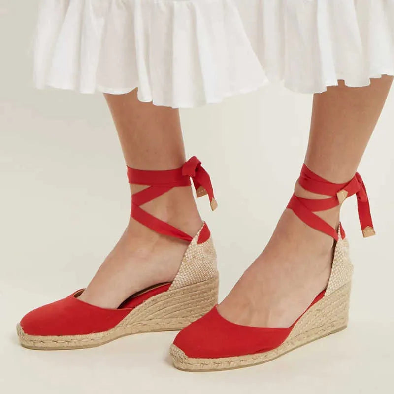 Femme Espadrilles à Talon Compensé avec Lacets Croisés à la Cheville