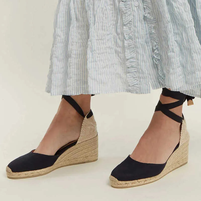 Femme Espadrilles à Talon Compensé avec Lacets Croisés à la Cheville