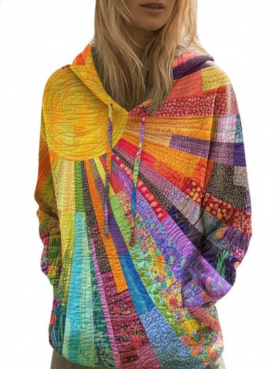 Femme Hoodie Manches Longues à Imprimé Patchwork Soleil et Capuche