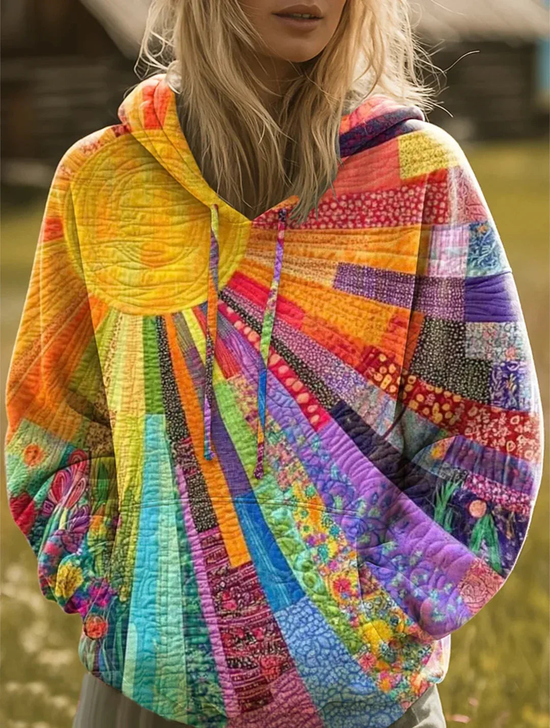 Femme Hoodie Manches Longues à Imprimé Patchwork Soleil et Capuche