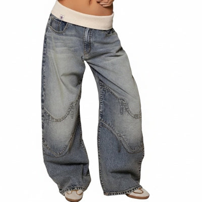 Femme Jean Baggy Wide-Leg avec Ceinture Côtelée