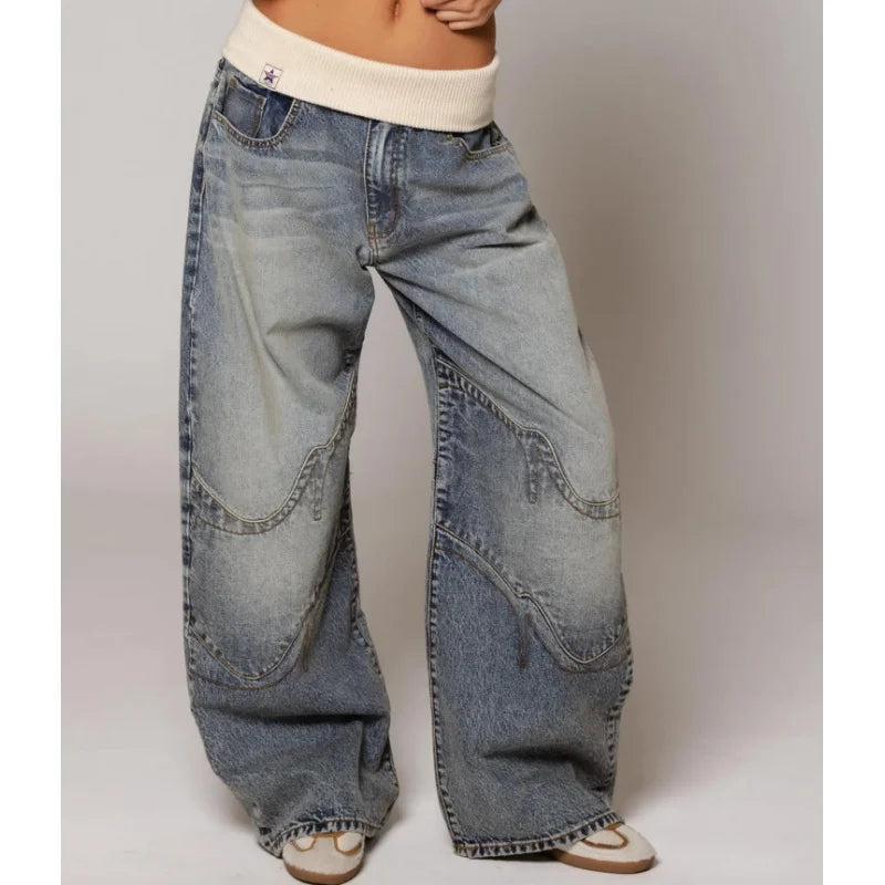 Femme Jean Baggy Wide-Leg avec Ceinture Côtelée