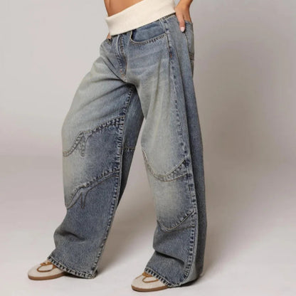 Femme Jean Baggy Wide-Leg avec Ceinture Côtelée