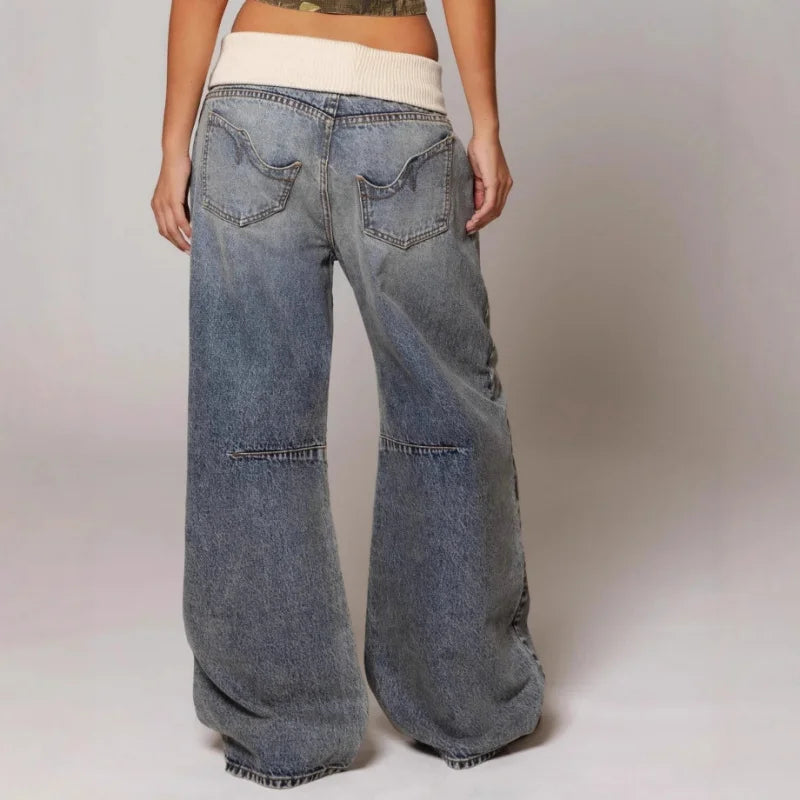 Femme Jean Baggy Wide-Leg avec Ceinture Côtelée