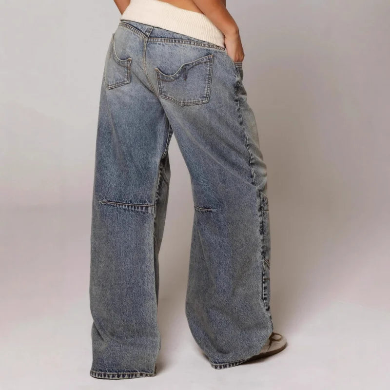 Femme Jean Baggy Wide-Leg avec Ceinture Côtelée