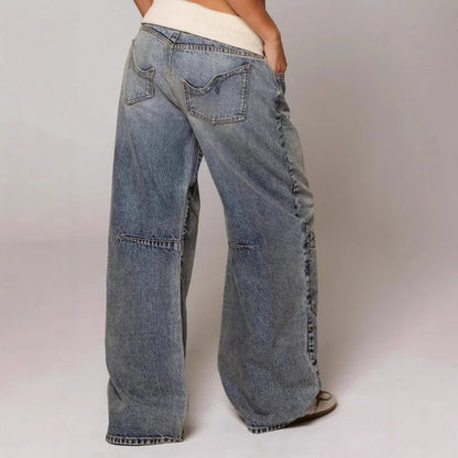 Femme Jean Baggy Wide-Leg avec Ceinture Côtelée
