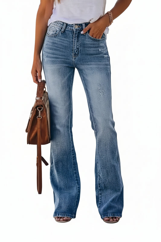 Femme Jean Bootcut Taille Haute Délavé avec Poches