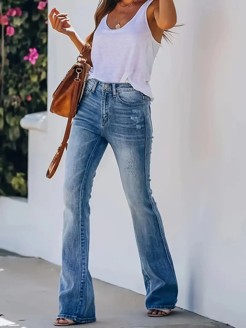 Femme Jean Bootcut Taille Haute Délavé avec Poches