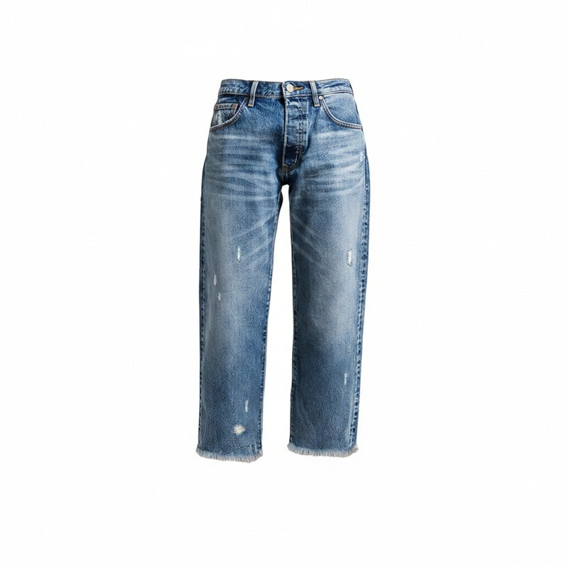 Femme Jean Droit Taille Haute Déchiré avec Ourlet Effiloché