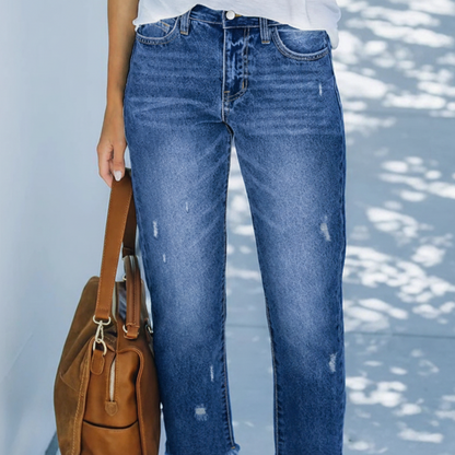 Femme Jean Droit Taille Haute Déchiré avec Ourlet Effiloché