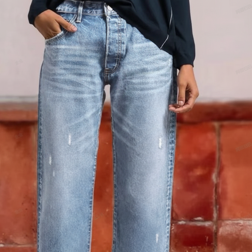 Femme Jean Droit Taille Haute Déchiré avec Ourlet Effiloché