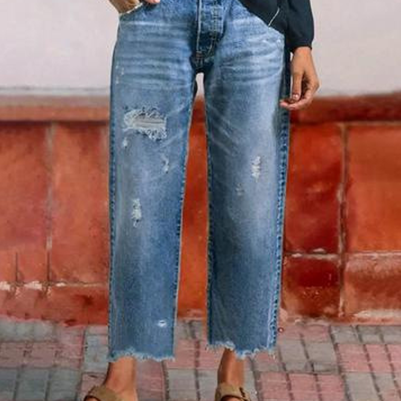 Femme Jean Droit Taille Haute Déchiré avec Ourlet Effiloché