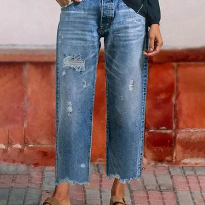 Femme Jean Droit Taille Haute Déchiré avec Ourlet Effiloché
