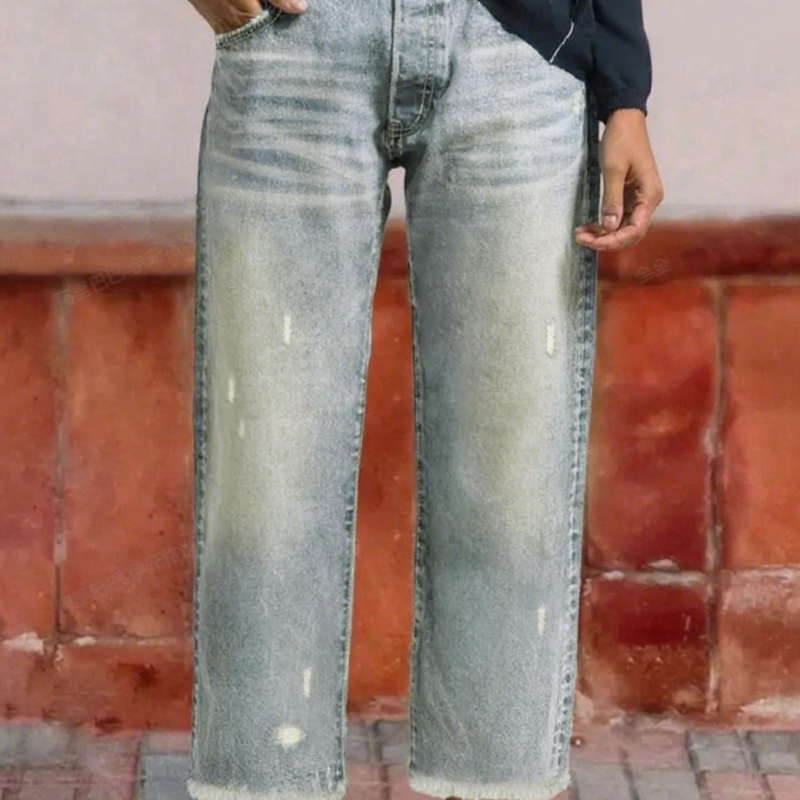 Femme Jean Droit Taille Haute Déchiré avec Ourlet Effiloché