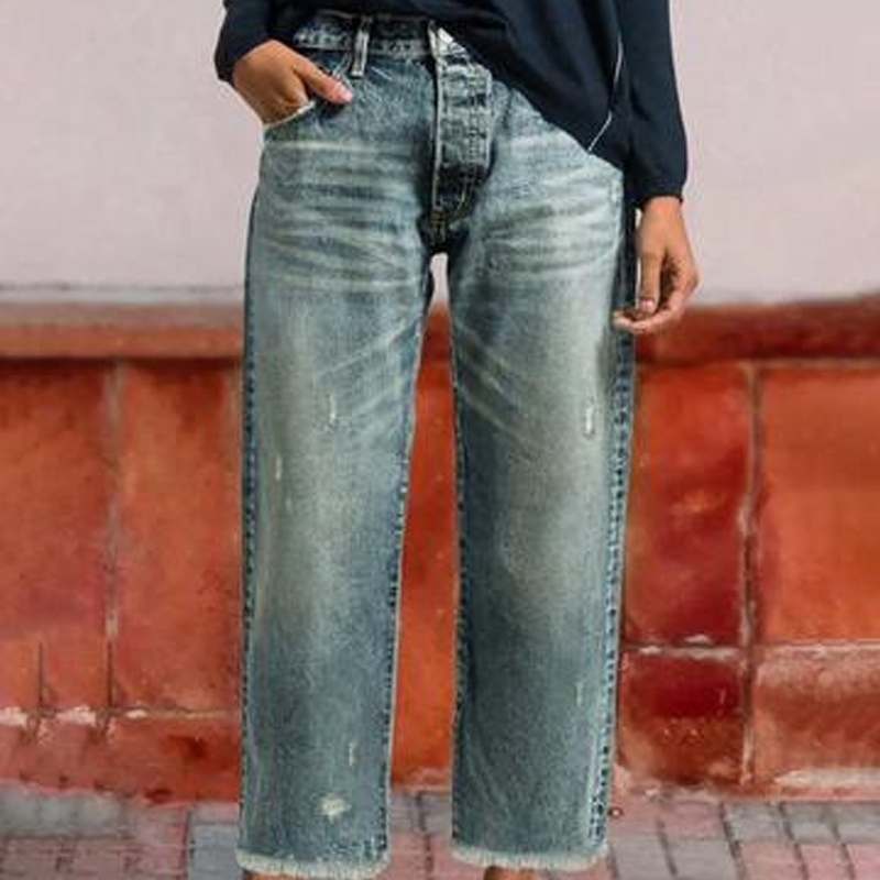 Femme Jean Droit Taille Haute Déchiré avec Ourlet Effiloché