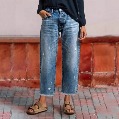 Femme Jean Droit Taille Haute Déchiré avec Ourlet Effiloché