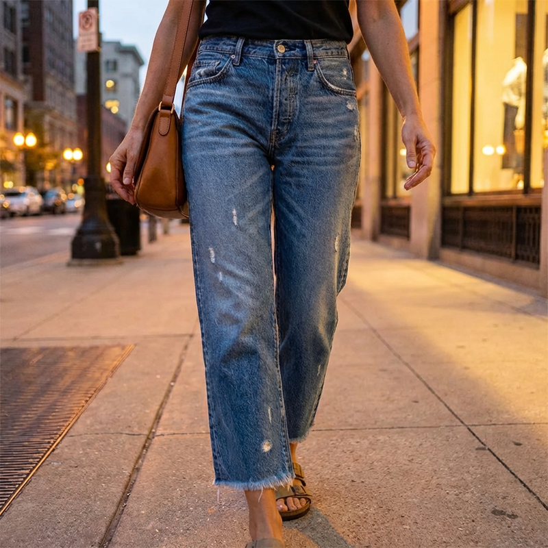 Femme Jean Droit Taille Haute Déchiré avec Ourlet Effiloché