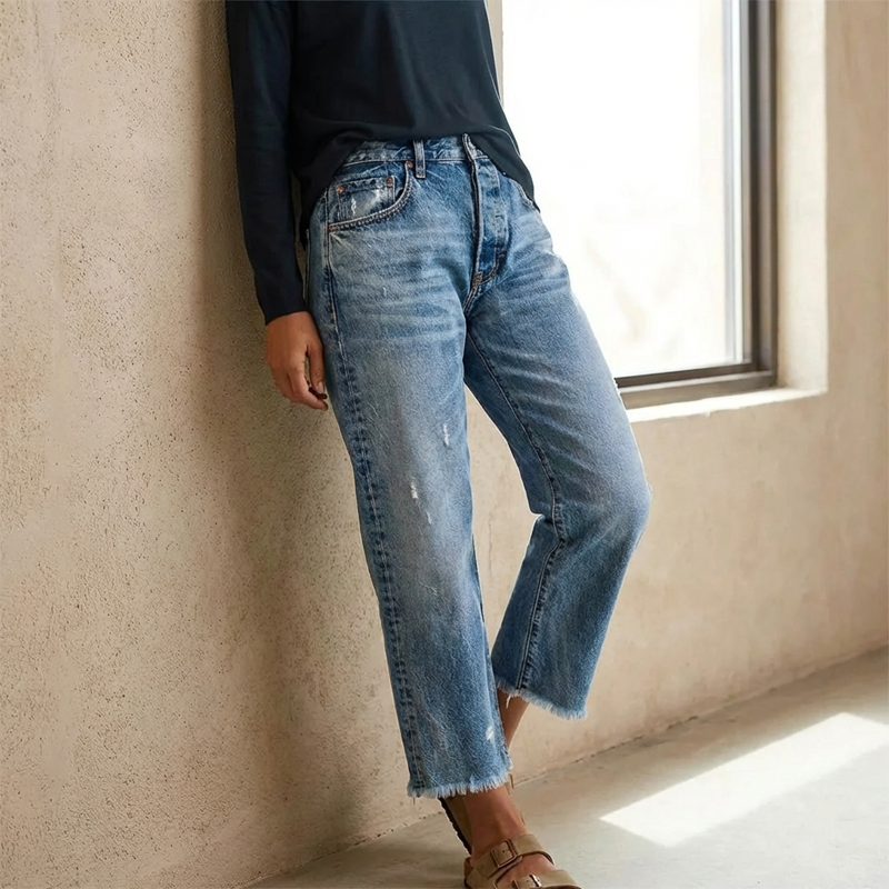 Femme Jean Droit Taille Haute Déchiré avec Ourlet Effiloché