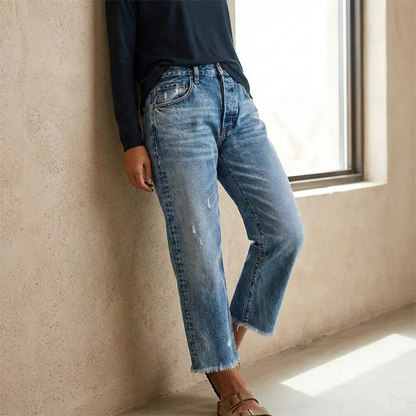 Femme Jean Droit Taille Haute Déchiré avec Ourlet Effiloché