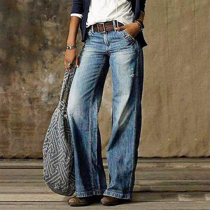 Femme Jean Large Taille Basse Style Vintage Délavé