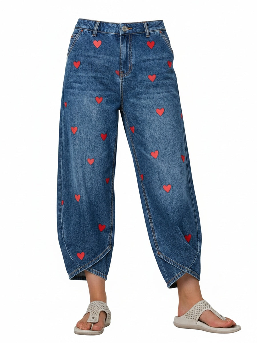 Femme Jean Large Taille Haute avec Imprimé Cœurs et Ourlet Croisé