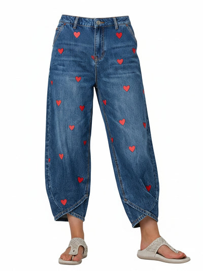 Femme Jean Large Taille Haute avec Imprimé Cœurs et Ourlet Croisé
