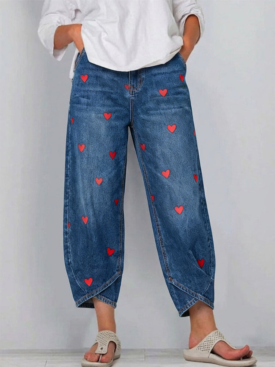 Femme Jean Large Taille Haute avec Imprimé Cœurs et Ourlet Croisé