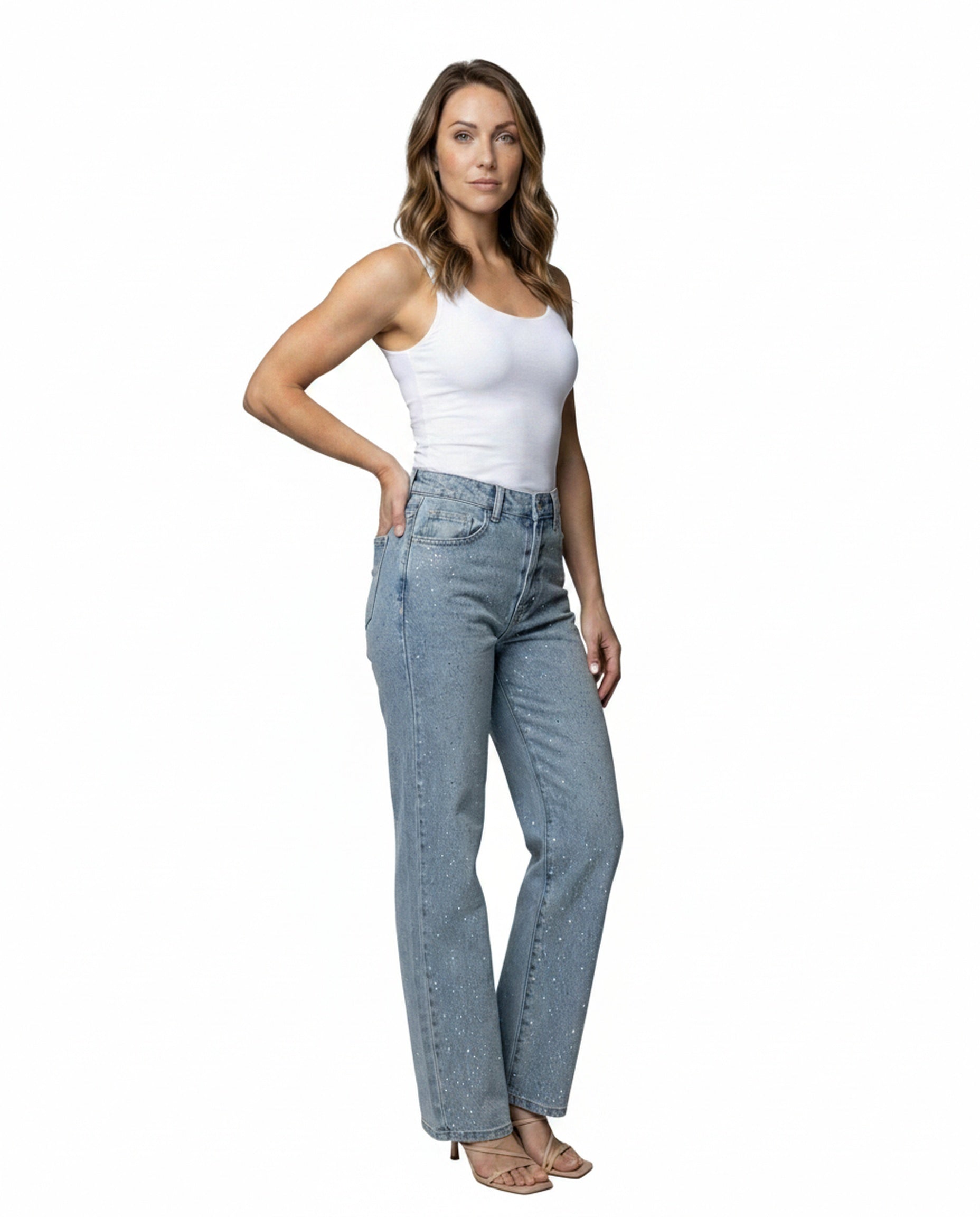 Femme Jean Taille Haute Coupe Droite avec Strass