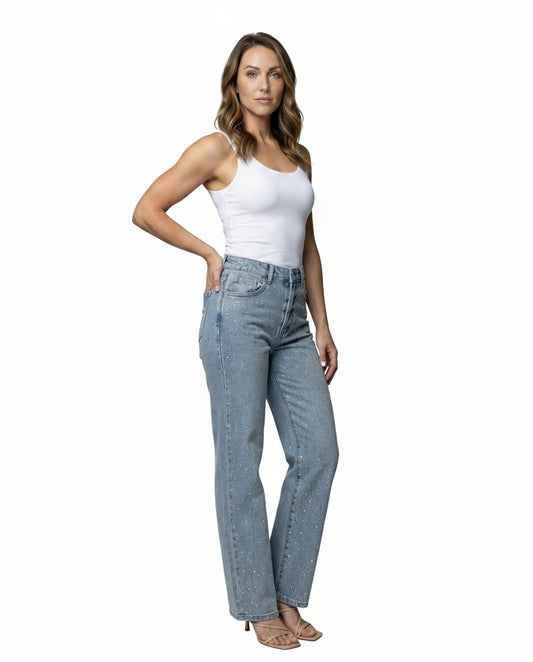 Femme Jean Taille Haute Coupe Droite avec Strass