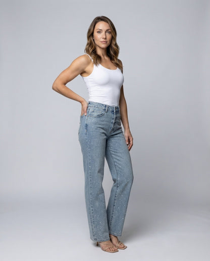 Femme Jean Taille Haute Coupe Droite avec Strass