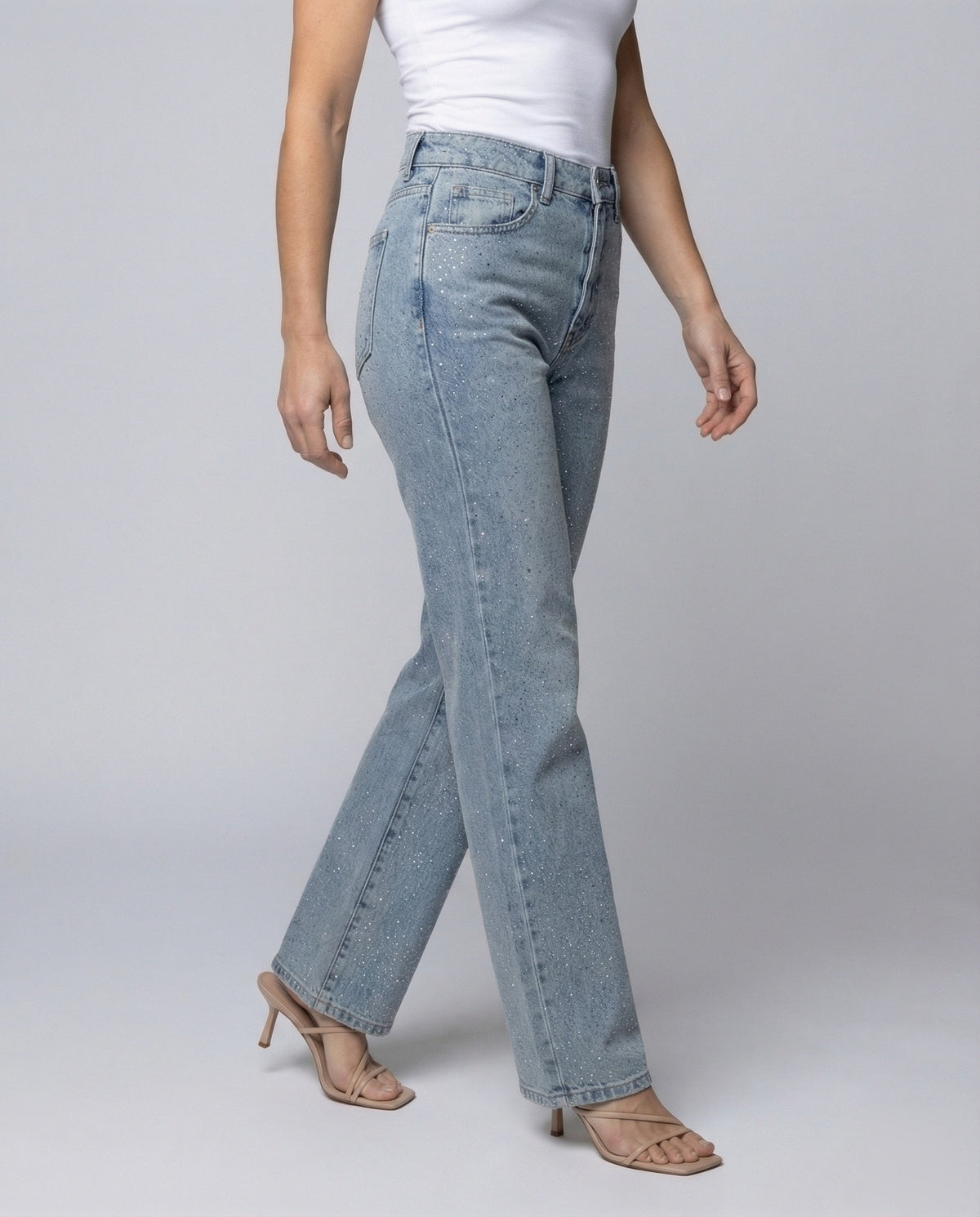 Femme Jean Taille Haute Coupe Droite avec Strass