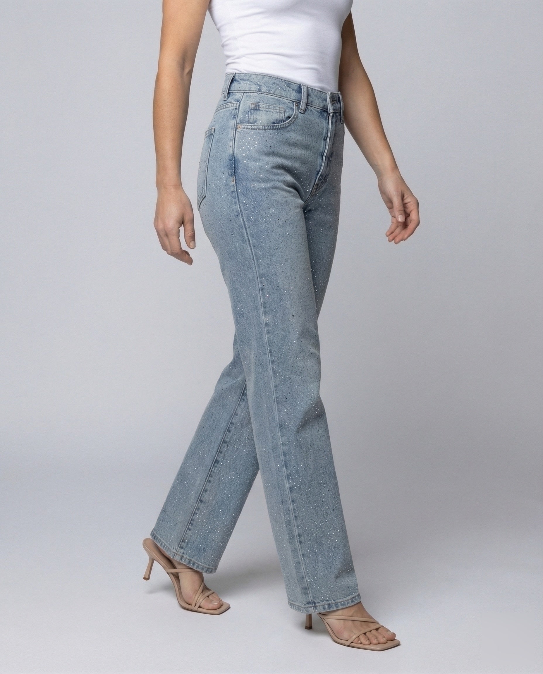 Femme Jean Taille Haute Coupe Droite avec Strass