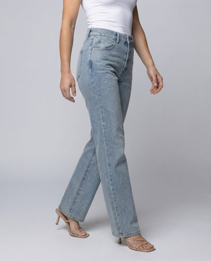 Femme Jean Taille Haute Coupe Droite avec Strass