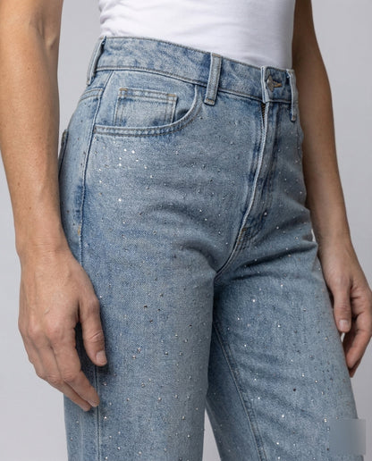 Femme Jean Taille Haute Coupe Droite avec Strass