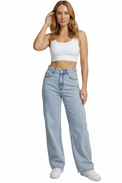 Femme Jean Taille Haute Large à Jambe Évasée et Délavé Vintage