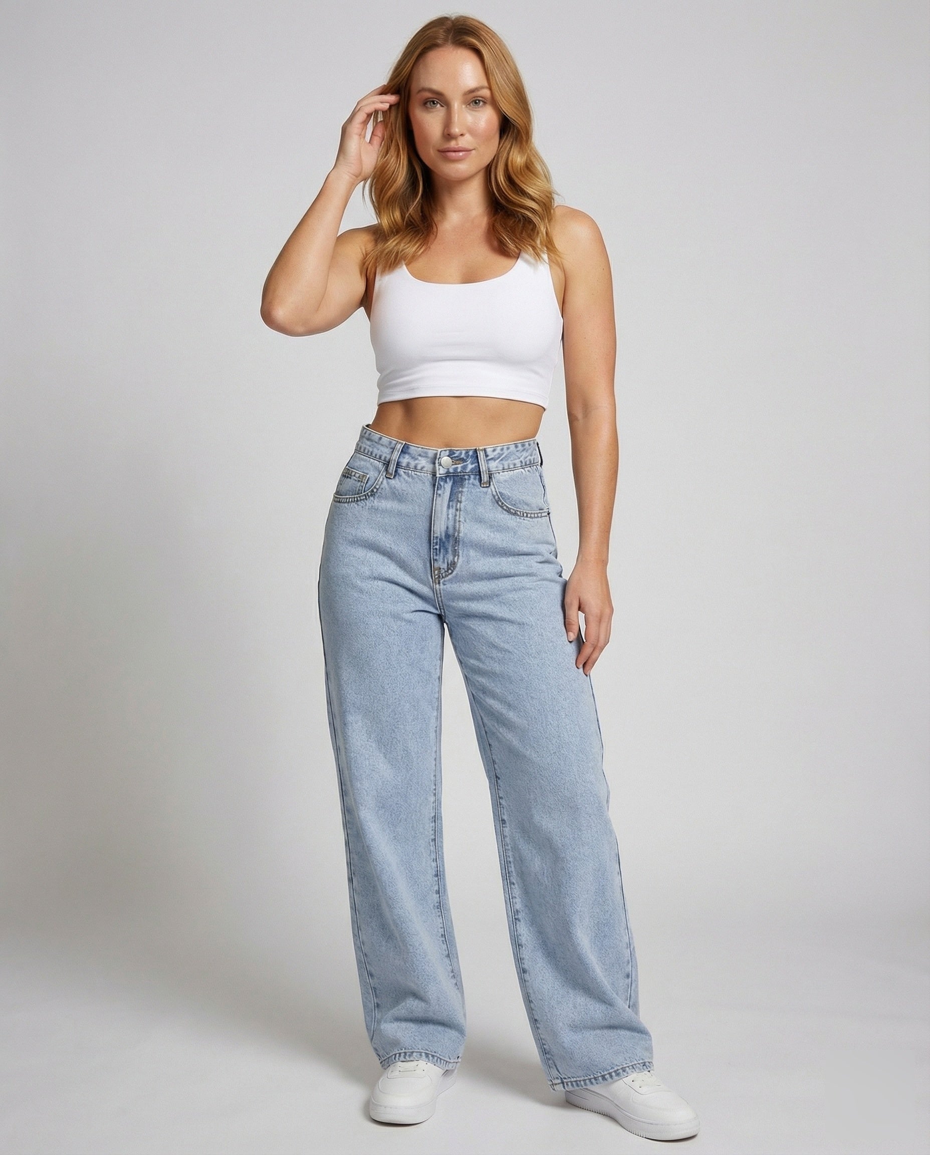 Femme Jean Taille Haute Large à Jambe Évasée et Délavé Vintage