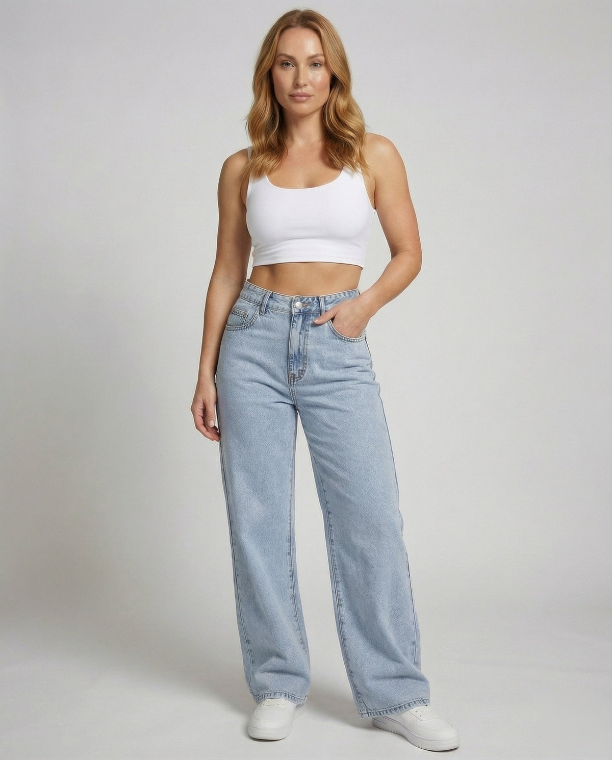 Femme Jean Taille Haute Large à Jambe Évasée et Délavé Vintage
