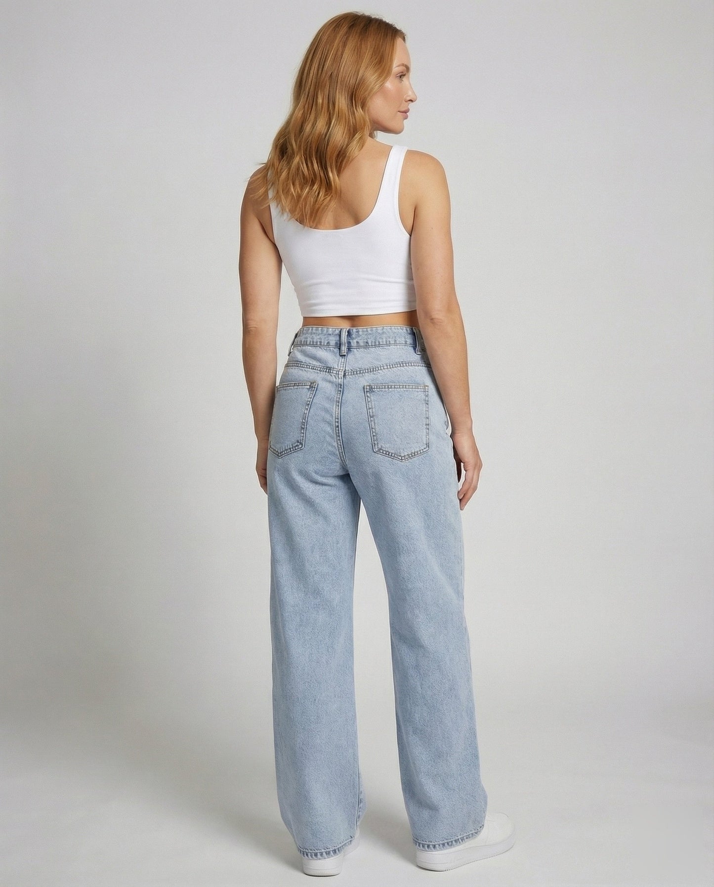 Femme Jean Taille Haute Large à Jambe Évasée et Délavé Vintage