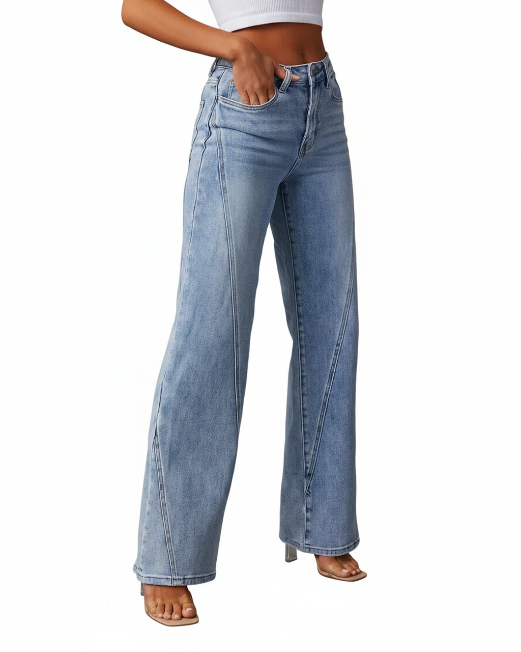 Femme Jean Taille Haute Wide Leg avec Coutures Décoratives
