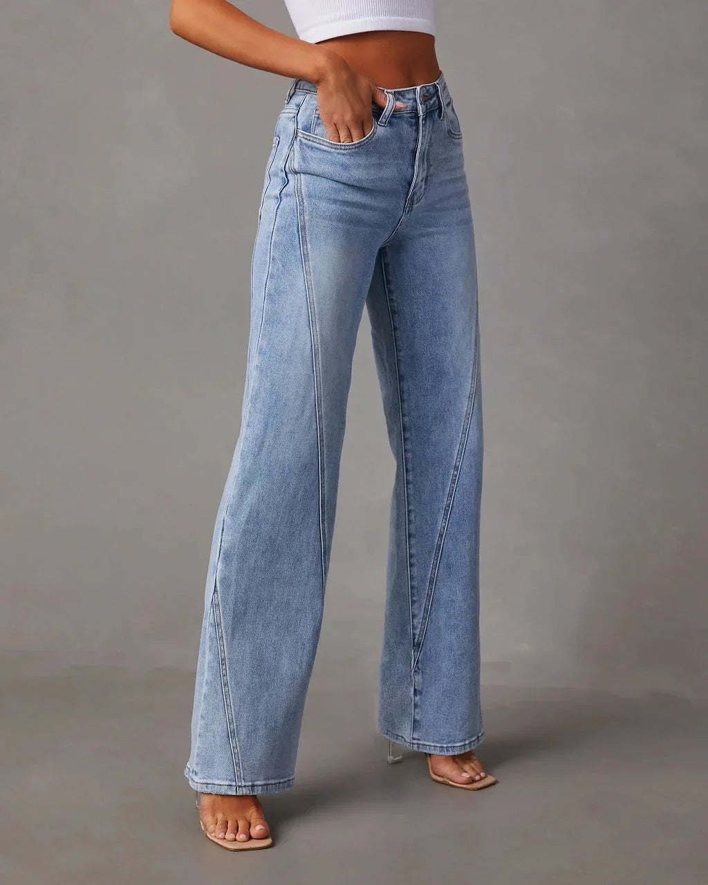Femme Jean Taille Haute Wide Leg avec Coutures Décoratives