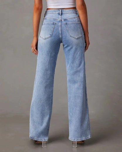 Femme Jean Taille Haute Wide Leg avec Coutures Décoratives