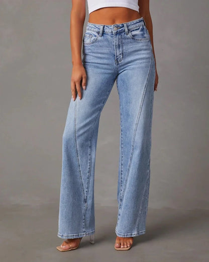 Femme Jean Taille Haute Wide Leg avec Coutures Décoratives
