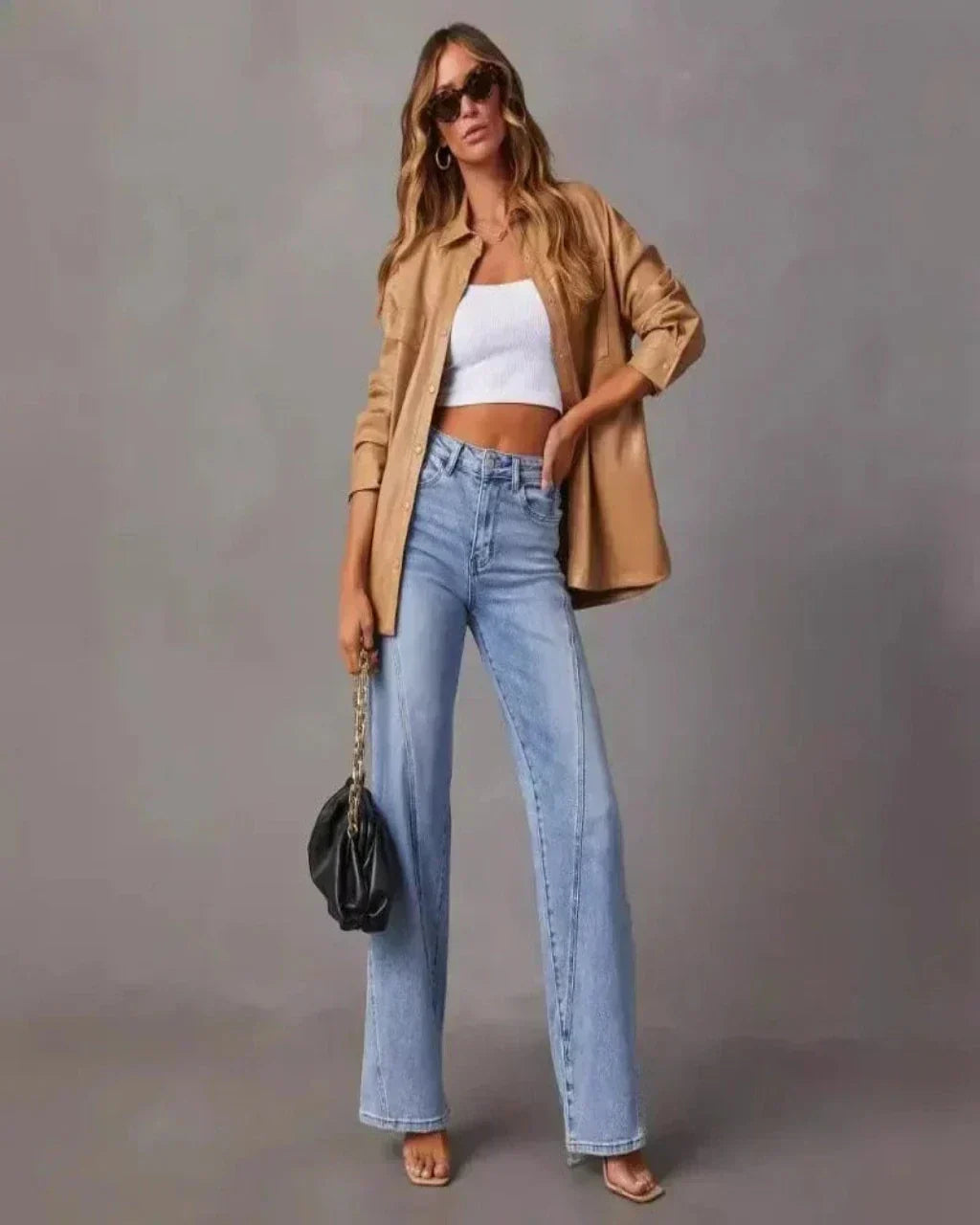 Femme Jean Taille Haute Wide Leg avec Coutures Décoratives