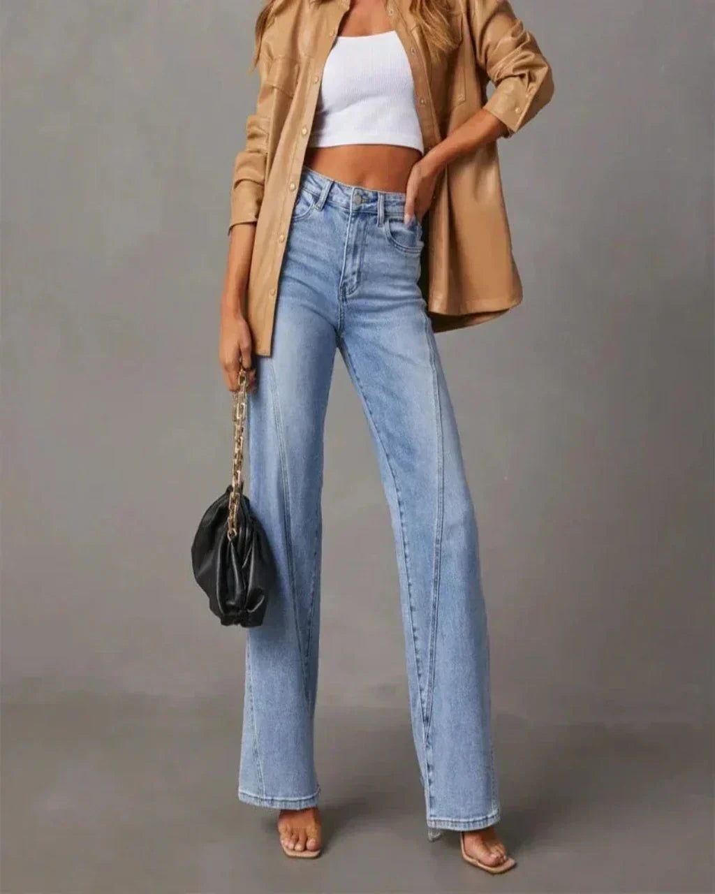 Femme Jean Taille Haute Wide Leg avec Coutures Décoratives