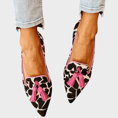 Femme Loafers à Bout Pointu avec Imprimé Animal et Pompons