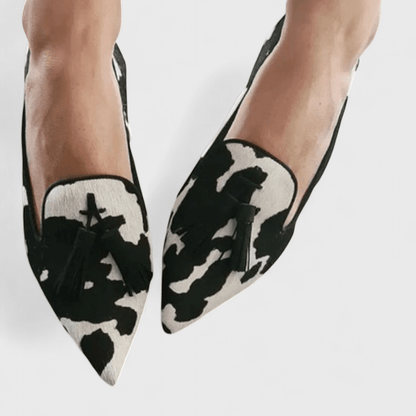 Femme Loafers à Bout Pointu avec Imprimé Animal et Pompons