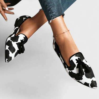 Femme Loafers à Bout Pointu avec Imprimé Animal et Pompons